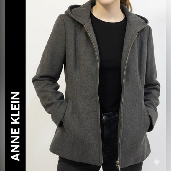 Anne Klein Jackets & Blazers - Anne Klein AK Charcoal Grey Hooded Zip-Up Wool Blend Jacket Side Pickets Size M